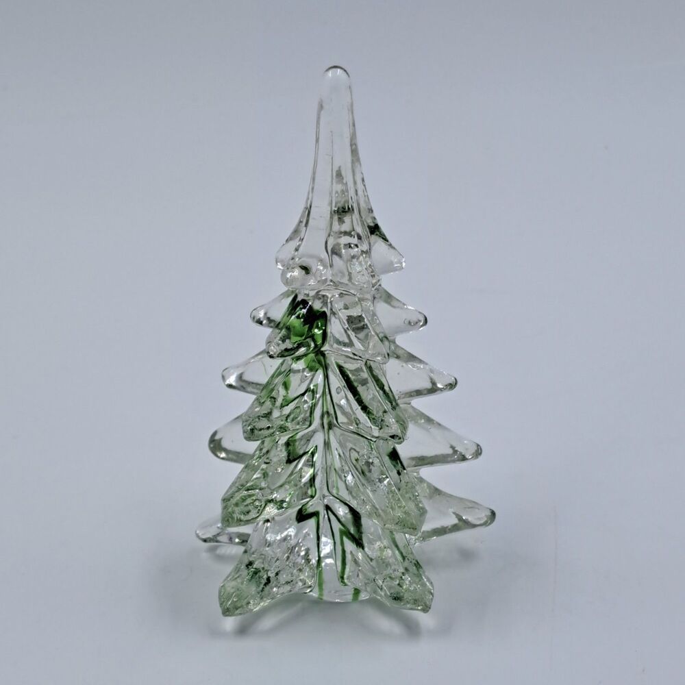 Vintage 5.5" Clear & Green Ribboned Art Glass Christmas Tree Decor Paperweight